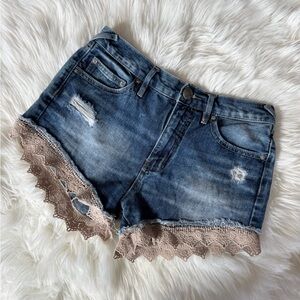 Free People Blue Jean Shorts with Lace Trim